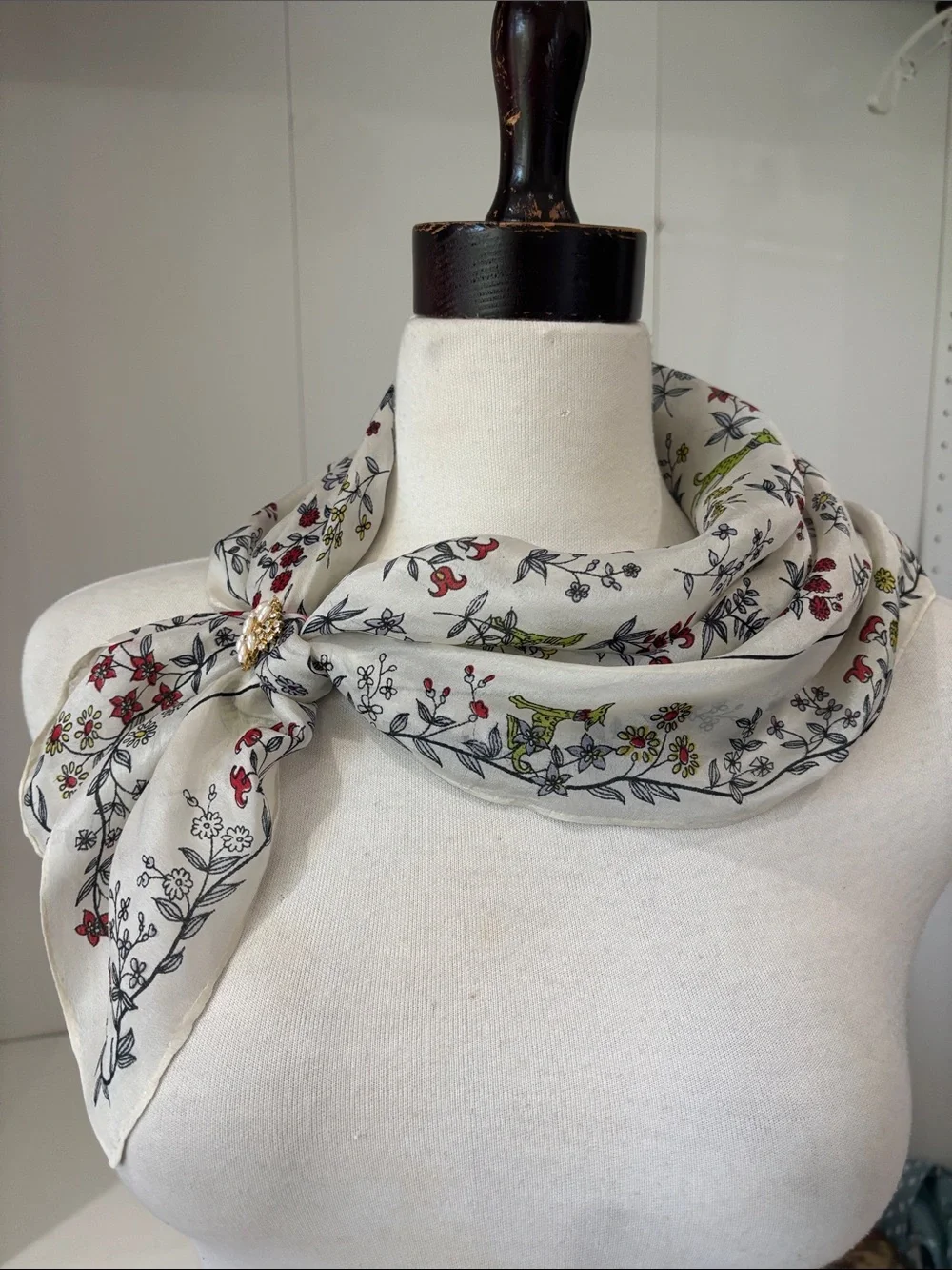 Floral & Fox Print Scarf - White with Red, Green & Gray silk.